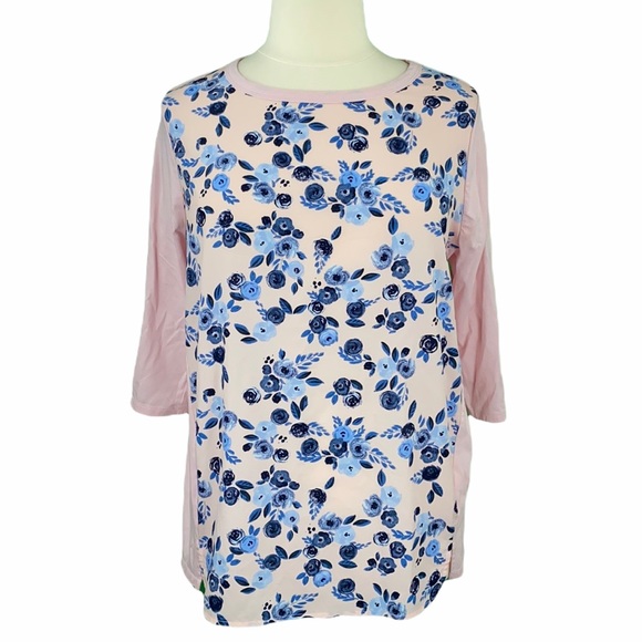 Lane Bryant Semi Sheer Light Pink & Blue Floral Print Long Sleeve Scoop Neck Tee
